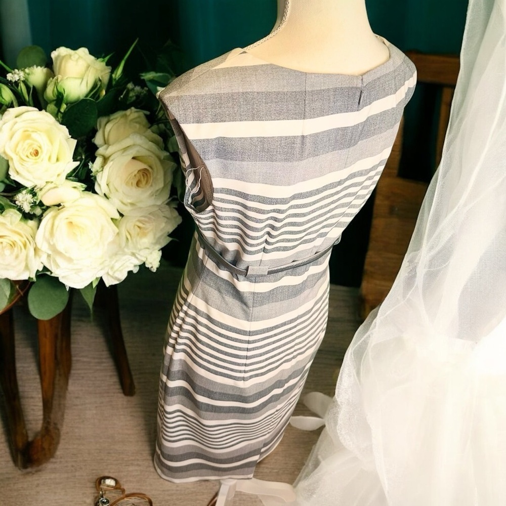 Calvin Klein Gray Striped Pintucked Sheath Dress With Silver Belt Size 6 - Picture 10 of 16